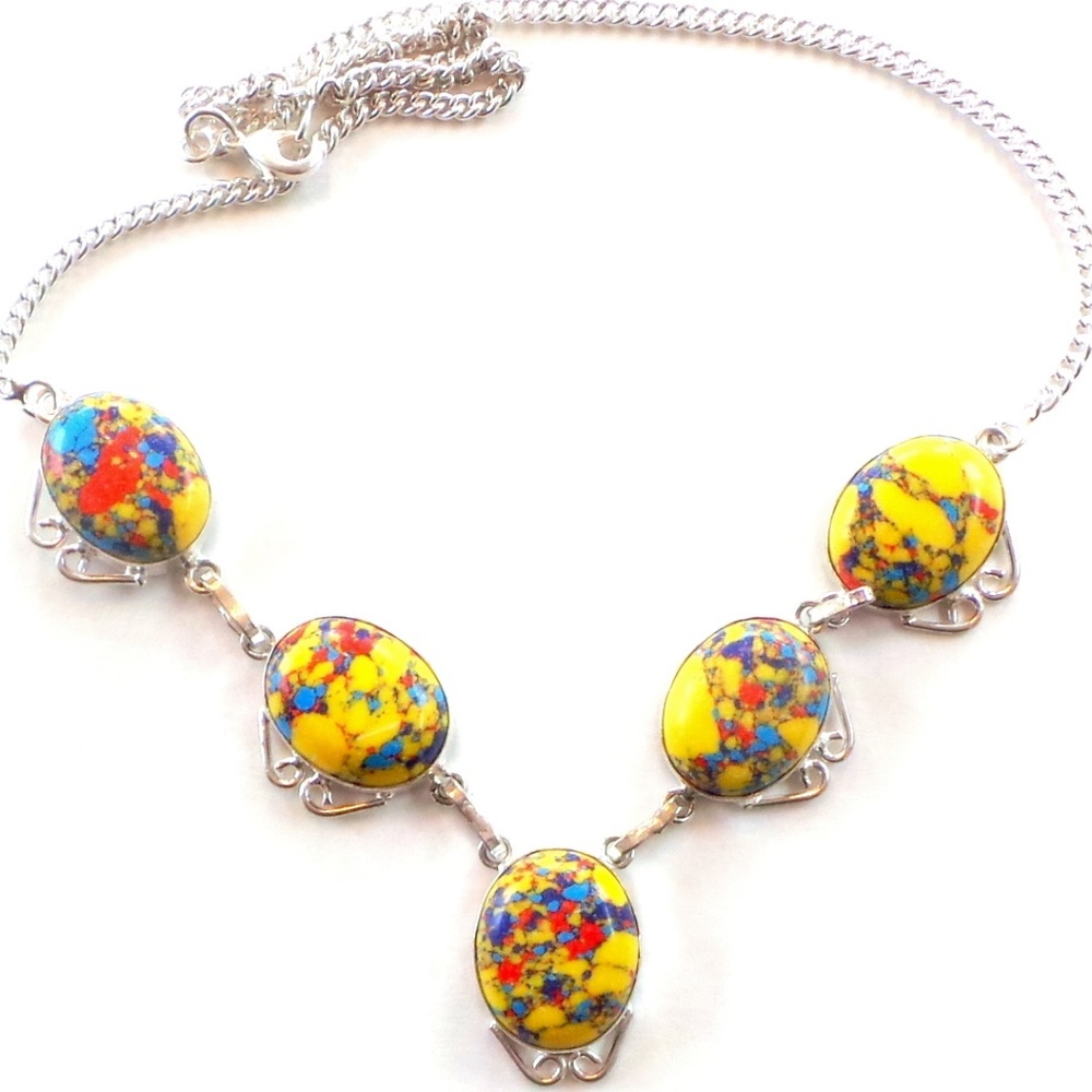 Mosaic Jasper Gemstones Sterling Silver Necklace
